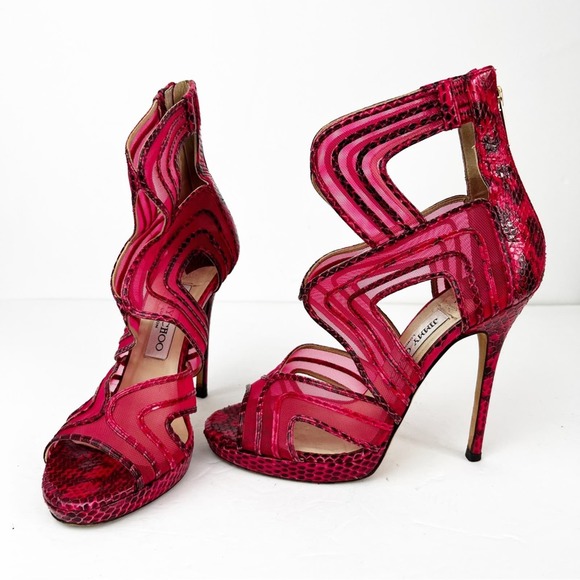 SZ 36.5 Jimmy Choo Pink Red Patent SnakeSkin Leather Heels - Picture 3 of 9